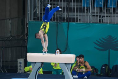 Santiago (CHILE), 10 / 18 / 2023 - Brezilya delegasyonundan atletler Arthur Nory, Diogo Soares, Yuri Guimaraes, Patrick Correa ve Bernardo Actos, bu oturumda Küba, ABD, Kolombiya,