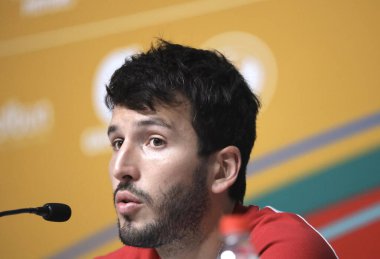 Sebastian Yatra ile Ulusal Stadyum 'da basın toplantısı. 19 Ekim 2023, Santiago, Şili: 2023 Pan Amerikan Oyunları açılış töreni yıldızı Kolombiyalı Sebastian Yatra, Ulusal Stadyum 'daki medya merkezinde bir basın toplantısı düzenledi.