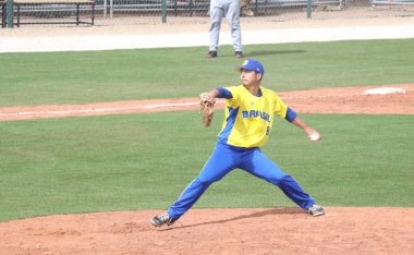 Brezilya ve Venezuela arasında beyzbol. 19 Ekim 2023, Santiago, Şili: Brezilya 2023 yılında Santiago, Şili 'deki Pan Amerikan Oyunları sırasında Cerrillos Stadyumu' nda oynanan beyzbol maçında Venezuela 'yı 3-1 yendi. 