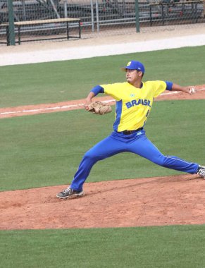 Brezilya ve Venezuela arasında beyzbol. 19 Ekim 2023, Santiago, Şili: Brezilya 2023 yılında Santiago, Şili 'deki Pan Amerikan Oyunları sırasında Cerrillos Stadyumu' nda oynanan beyzbol maçında Venezuela 'yı 3-1 yendi. 