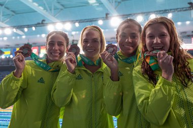 Santiago (CHL), 10 / 21 / 2023 - SwIMMING - Kanada altını, ABD gümüşü ve Brezilya Bronzu ile bayanlar 4x100 metre serbest stilinin finali, Şili 'nin Santiago kentindeki Ulusal Stadyum' da Pan Amerika 'nın