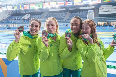 Santiago (CHL), 10 / 21 / 2023 - SwIMMING - Kanada altını, ABD gümüşü ve Brezilya Bronzu ile bayanlar 4x100 metre serbest stilinin finali, Şili 'nin Santiago kentindeki Ulusal Stadyum' da Pan Amerika 'nın