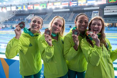 Santiago (CHL), 10 / 21 / 2023 - SwIMMING - Kanada altını, ABD gümüşü ve Brezilya Bronzu ile bayanlar 4x100 metre serbest stilinin finali, Şili 'nin Santiago kentindeki Ulusal Stadyum' da Pan Amerika 'nın