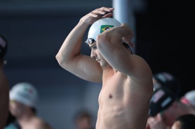 Santiago (Şili), 10 / 21 / 2023 - Brezilya altını, ABD gümüşü ve Kanada Bronzu ile yüzen erkekler 4x100 metre serbest yüzme finalinin finali, Şili 'deki Santiago Ulusal Stadyumu' nun su merkezinde gerçekleşti.
