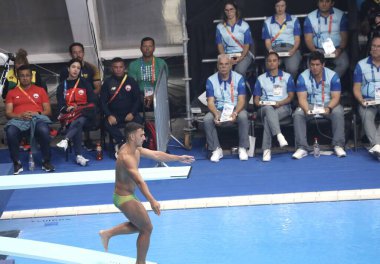 Trampolin 1 metre Maskülen Ön Round 6. 21 Ekim 2023, Santiago, Şili: The Trampolin 1 m Masculine Preliminar, 6. Raunt, Santiago 'daki Su Sporları Merkezi' nde finale kalan 12 sporcuyla