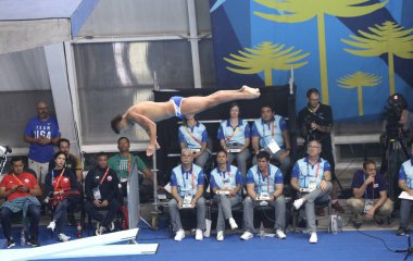 Trampolin 1 metre Maskülen Ön Round 6. 21 Ekim 2023, Santiago, Şili: The Trampolin 1 m Masculine Preliminar, 6. Raunt, Santiago 'daki Su Sporları Merkezi' nde finale kalan 12 sporcuyla