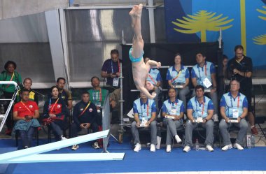 Trampolin 1 metre Maskülen Ön Round 6. 21 Ekim 2023, Santiago, Şili: The Trampolin 1 m Masculine Preliminar, 6. Raunt, Santiago 'daki Su Sporları Merkezi' nde finale kalan 12 sporcuyla