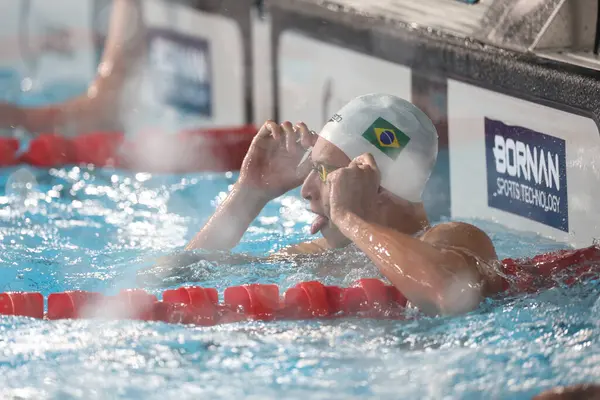 圣地亚哥 2023年10月21日 男子4X100米自由泳决赛在智利圣地亚哥国家体育场的水上运动中心举行 选手包括巴西金牌 美国银牌和加拿大铜牌 — 图库照片