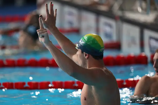 圣地亚哥 2023年10月21日 男子4X100米自由泳决赛在智利圣地亚哥国家体育场的水上运动中心举行 选手包括巴西金牌 美国银牌和加拿大铜牌 — 图库照片