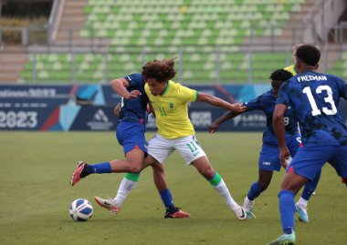 Valparaiso, Chilie - 10 / 23 / 2023: Brezilya 'nın ABD ile karşı karşıya olduğu maç, erkek futbolunda, birinci turda, 23 Ekim Pazartesi, Şili' den Pan-Amerikan Oyunları Amerikalıları 