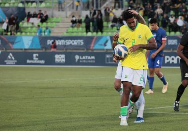 Valparaiso, Şili - 10 / 23 / 2023: Brezilyalı Marquinhos Brezilya maçında ABD 'ye karşı, erkek futbol maçında, 23 Ekim, Pan Amerikan Oyunları' nın birinci turunda gol atıyor ve golünü kutluyor