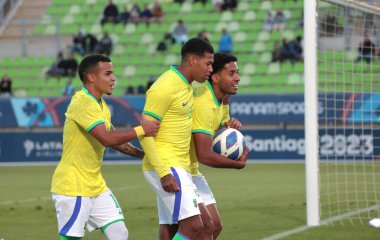 Valparaiso, Şili - 10 / 23 / 2023: Brezilyalı Marquinhos Brezilya maçında ABD 'ye karşı, erkek futbol maçında, 23 Ekim, Pan Amerikan Oyunları' nın birinci turunda gol atıyor ve golünü kutluyor