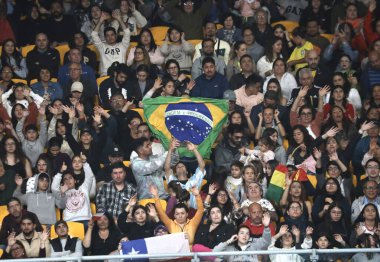 SANTIAGO (Şili), 10 / 22 / 2023 - Brezilya ile Arjantin arasındaki bayanlar voleybol karşılaşması, Şili 'nin Santiago kentinde düzenlenen 2023 Pan Amerika Oyunları sırasında gerçekleşti. Brezilya 3-0 kazandı. 