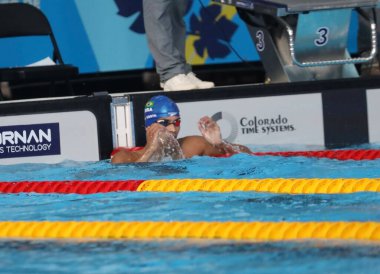 SANTIAGO (CHL), 10 / 23 / 2023: Brezilyalı COSTA Guilherme (altın), Venezuela MESTRE Alfonso (gümüş) ve American GALLANT John William (bronz) tarafından Ulusal Stadyum Su Merkezi 'nde kazanılan erkekler 800 metre serbest stilinin finali.