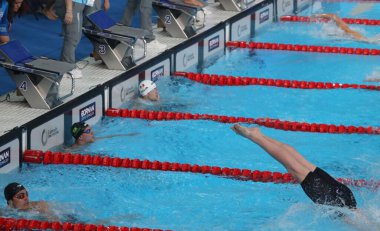 SANTIAGO (CHL), 10 / 24 / 2023: Erkekler 4x200 Serbest Bayrak Brezilya (Altın), ABD (Gümüş) ve Kanada (Bronz) tarafından Ulusal Stadyum Sucul Merkezi, Santiago, Şili. 