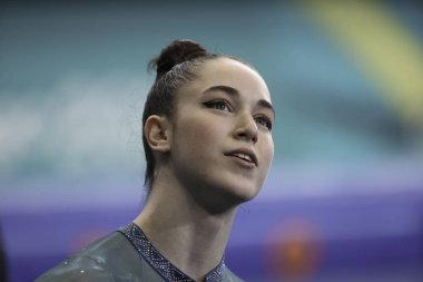 Santiago, Şili - 10 / 25 / 2023: Kadınlar Sanatsal Jimnastik Finali, denge aletinde Flavia Saraiva için altın, Brezilya 'dan Rebeca Andrade için gümüş ve Ava Stewart için bronz araçla yapılıyor 