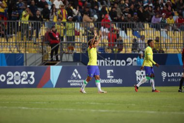 Vina del Mar (Şili), 10 / 26 / 2023 - Biro Brazil Brezilya takımının Kolombiya 'ya karşı oynadığı maçtaki golünü atıyor ve 3. turda B Grubu, Vina del Mar' daki Sausalito Stadyumu 'nda, bu Perşembe, 26 Ekim 2023.