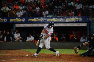 MARACAIBO, Venezuela - 26 Ekim 2023 Venezuela Profesyonel Beyzbol Ligi. Tigres de Aragua, Aguilas del Zulia 'ya karşı Sezonun ikinci haftasında, Maracaibo' da Aguilas de Zulia 'nın pozitif serisini kesmek için kediler..