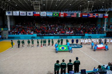 Vina del Mar (Şili), 10 / 28 / 2023 - Pan-Amerikan maçlarında bayanlar hentbol yarı finalinde karşılaşan Brezilya ile Şili arasındaki maç. Brezilya takımı 30 'a 10 skorla kazandı.