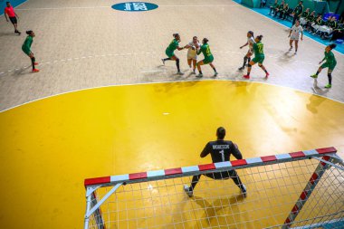 Vina del Mar (Şili), 10 / 28 / 2023 - Pan-Amerikan maçlarında bayanlar hentbol yarı finalinde karşılaşan Brezilya ile Şili arasındaki maç. Brezilya takımı 30 'a 10 skorla kazandı.