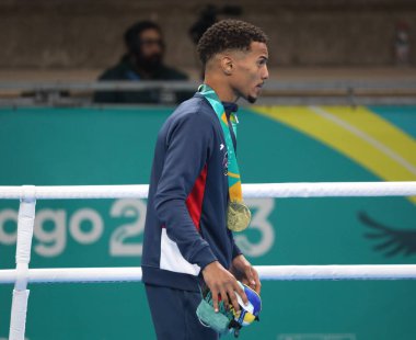 SANTIAGO (Şili), 10 / 27 / 2023 - Erkekler boks finali 51 kg altında, Brezilya DA SILVA TRINDADE Michael Douglas ile Olimpiyat Eğitim Merkezi 'nde Dominik ALCANTARA REYES 