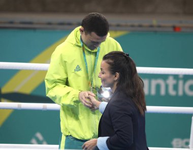 SANTIAGO (Şili), 10 / 27 / 2023 - Erkekler boks finali 51 kg altında, Brezilya DA SILVA TRINDADE Michael Douglas ile Olimpiyat Eğitim Merkezi 'nde Dominik ALCANTARA REYES 