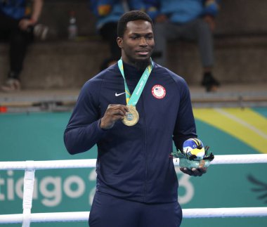 SANTIAGO (Şili), 10 / 27 / 2023 - Olimpiyat Eğitim Merkezi 'nde Brezilyalı Teixeira da Silva Junior Abner ile Amerikalı Edwards Joshua Timothy arasında 92 kg altında erkekler boks finalinde 161. altın madalya mücadelesi 