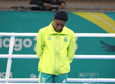 SANTIAGO (Şili), 10 / 27 / 2023 - Olimpiyat Eğitim Merkezi 'nde Brezilyalı Cerqueira Romeu Jucielen ile Kolombiyalı Arboleda Mendoza Valeria arasında düzenlenen 156 altın madalya için 57 kg' ın altındaki bayanlar boks finali 