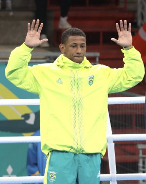 SANTIAGO (Şili), 10 / 27 / 2023 - Kanadalı Sanford Wyatt 'ın altın madalya kazandığı Santiago, Şili' deki 2023 Pan Amerikan Oyunları sırasında erkekler 159 kg altında erkekler için 63,5 kg final töreni