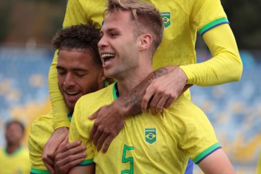 Vina del Mar (Şili), 10 / 29 / 2023 - Ronald Cardoso Brazil Brezilya 'nın Honduras' a karşı oynadığı maçtaki golünü atıyor ve 3. turda B Grubu 'nu Vina del Mar' daki Sausalito Stadyumu 'nda kutluyor.