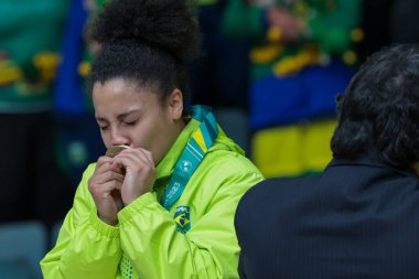 Vina del Mar (Şili), 10 / 29 / 2023 - Pan-Amerikan oyunlarında bayanlar hentbolda altın madalya için karşılaşan Brezilya ile Arjantin arasındaki maç, Brezilya 30 x 188 'lik skorla kazandı ve altın madalya kazandı