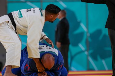 Santiago (Şili), 10 / 31 / 2023 - Brezilya x Venezuela takım judosunda, çeyrek final için, temas merkezinde, Şili 'de Pan Amerikan Oyunlarının oynandığı Ulusal Stadyumda karşılaşma 