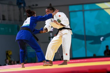 Santiago (Şili), 10 / 31 / 2023 - Brezilya x Venezuela takım judosunda, çeyrek final için, temas merkezinde, Şili 'de Pan Amerikan Oyunlarının oynandığı Ulusal Stadyumda karşılaşma 