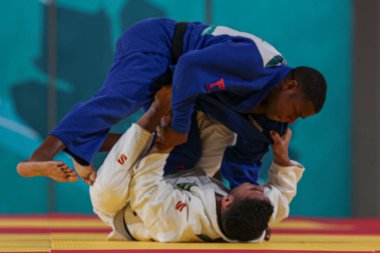 Santiago (Şili), 10 / 31 / 2023 - Brezilya x Venezuela takım judosunda, çeyrek final için, temas merkezinde, Şili 'de Pan Amerikan Oyunlarının oynandığı Ulusal Stadyumda karşılaşma 