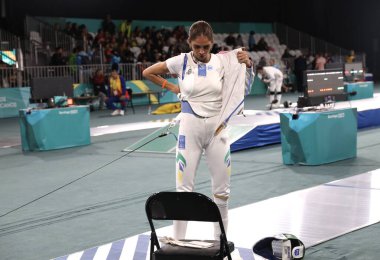 SANTIAGO (CHL), 01 / 11 / 2023 - 2023 Pan Amerikan Oyunları 'nda Kadınlar Bireysel Epee' nin 16. turu. 1 Kasım 2023, Santiago, Şili: Brezilyalı Model Nathalie arasındaki Kadınlar Bireysel Epide 16. tur 