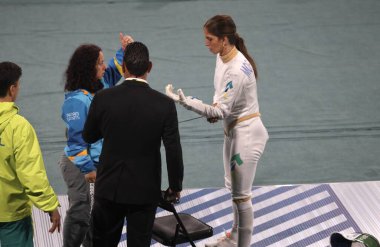 SANTIAGO (CHL), 01 / 11 / 2023 - 2023 Pan Amerikan Oyunları 'nda Kadınlar Bireysel Epee' nin 16. turu. 1 Kasım 2023, Santiago, Şili: Brezilyalı Model Nathalie arasındaki Kadınlar Bireysel Epide 16. tur 