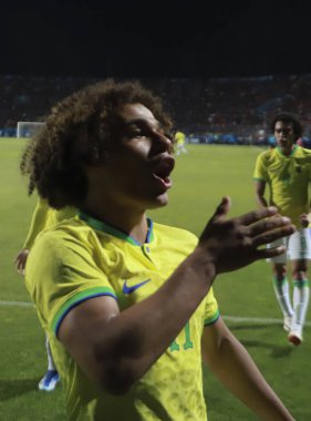 Vina del Mar, Şili - 04 / 11 / 2023: Brezilya ve Şili arasında oynanan Pan Amerika Oyunları finalinde, 4 Kasım 2023 Cumartesi günü Vina del Mar 'daki Sausalito Stadyumu' nda altın madalya kazandı.