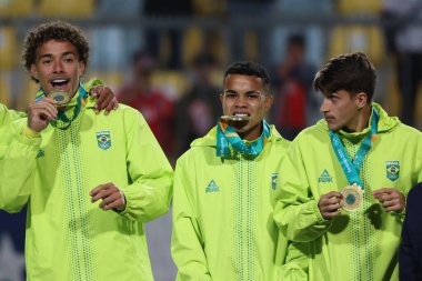 Vina del Mar, Şili - 04 / 11 / 2023: Brezilya ve Şili arasında oynanan Pan Amerika Oyunları finalinde, 4 Kasım 2023 Cumartesi günü Vina del Mar 'daki Sausalito Stadyumu' nda altın madalya kazandı.