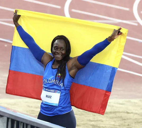 Santiago Chile 2023 コロンビアRuiz ゴールド が63 10で勝利した女性のJavelinスロー決勝 ブラジルのD Lima Jが59 — ストック写真
