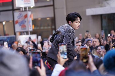 November 08 , 2023 - New York, USA : BTS member Jung Kook on the Today Show. BTS member Jung Kook wows fans with a live performance on the Today show at Rockefeller Plaza, kicking off with his hit song 