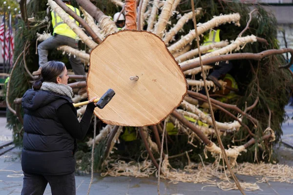 stock image Christmas tree Arrives in Rockefeller Center. November 11, 2023 ,New York, USA:  The arrival of the iconic Rockefeller Center Christmas tree in Midtown Manhattan last night marked the start of the holiday season. Hailing from Vestal. 