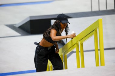 Sao Paulo (SP), Brezilya 12 / 02 / 2023 - Rayssa Leall in Brazil in the Street Skate World League, the SLS Super Crown World Championship, women 's qualifier for the Super Crown SLS Skateboard final