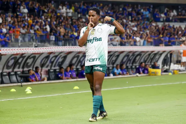 stock image Belo Horizonte (MG), 12/06/2023 - Endrick from Palmeiras scores and celebrates his goal in a match between Cruzeiro against Palmeiras valid for the 38th and last round of the Brazilian Championship 