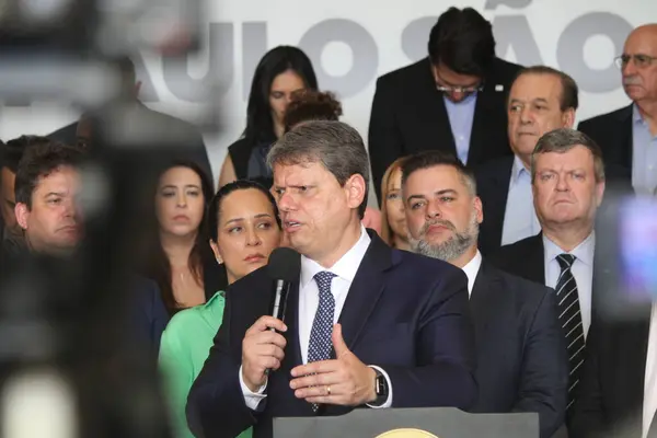 stock image Sao Paulo (SP), Brazil 12/19/2023 - The governor of Sao Paulo, Tarcisio de Freitas, during the presentation of the results of the first year of his Government's management, in Palacio dos Bandeirantes