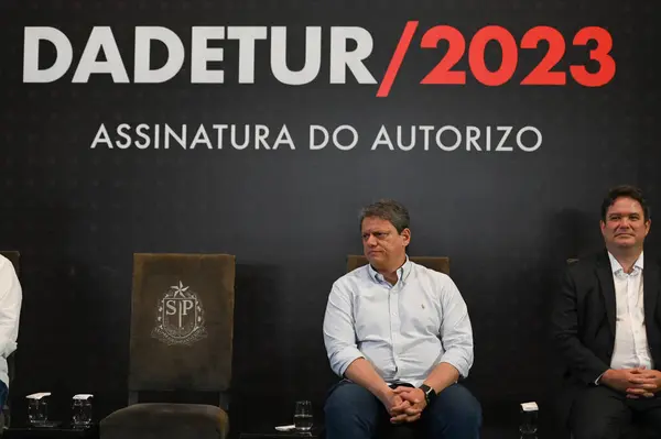 Sao Paulo Brazylia 2023 Gubernator Sao Paulo Tarcisio Freitas Podczas — Zdjęcie stockowe
