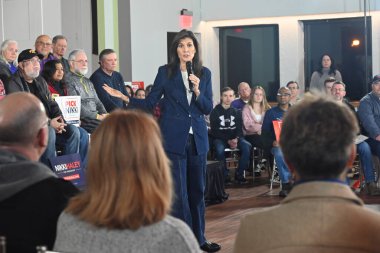 Nikki Haley is delivering remarks at a ''Pick Nikki Countdown to Caucus'' event at the Olympic Theater in Cedar Rapids, Iowa. January 11, 2024, Cedar Rapids, Iowa, USA: Nikki Haley's events scheduled to be in person on Friday, January 12, 2024  clipart