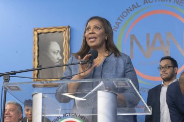 Ulusal Eylem Ağı Martin Luther King Jr. Günü 'nü kutluyor. 15 Ocak 2024, New York, New York, ABD: New York Eyalet Başsavcısı Letitia James, 15 Ocak 2024 'te Harlem' de düzenlenen Martin Luther King Jr. gününde konuşma yaptı.. 