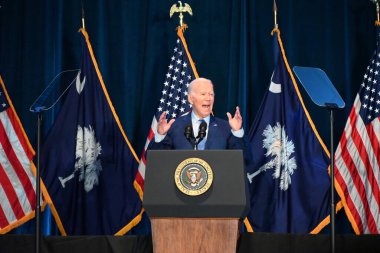 Birleşik Devletler Başkanı Joe Biden Güney Carolina, Columbia 'daki Güney Carolina Eyalet Fuarı' ndaki Ulusal Akşam Yemeği 'nde Güney Carolinas First' ta demeç veriyor. 27 Ocak 2024, Columbia, Güney Carolina, ABD