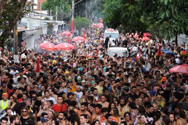 Sao Paulo (SP), Brezilya 03 / 02 / 2024 - Bu cumartesi öğleden sonra Pinheiros mahallesinin sokaklarına dökülen Aşk ve Fantastik Bloco Amelie Pulando geçit törenleri sırasında eğlenenlerin hareketi (03)). 