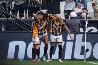 Sao Paulo (SP), Brezilya 04 / 02 / 2024 - Jenison, So Paulo 'nun doğu bölgesindeki Neo Quimica Arena' da düzenlenen Campeonato Paulista 2024 'ün beşinci turu için geçerli olan Corinthians ve Novorizontino arasında oynanan karşılaşmada golünü kutluyor.